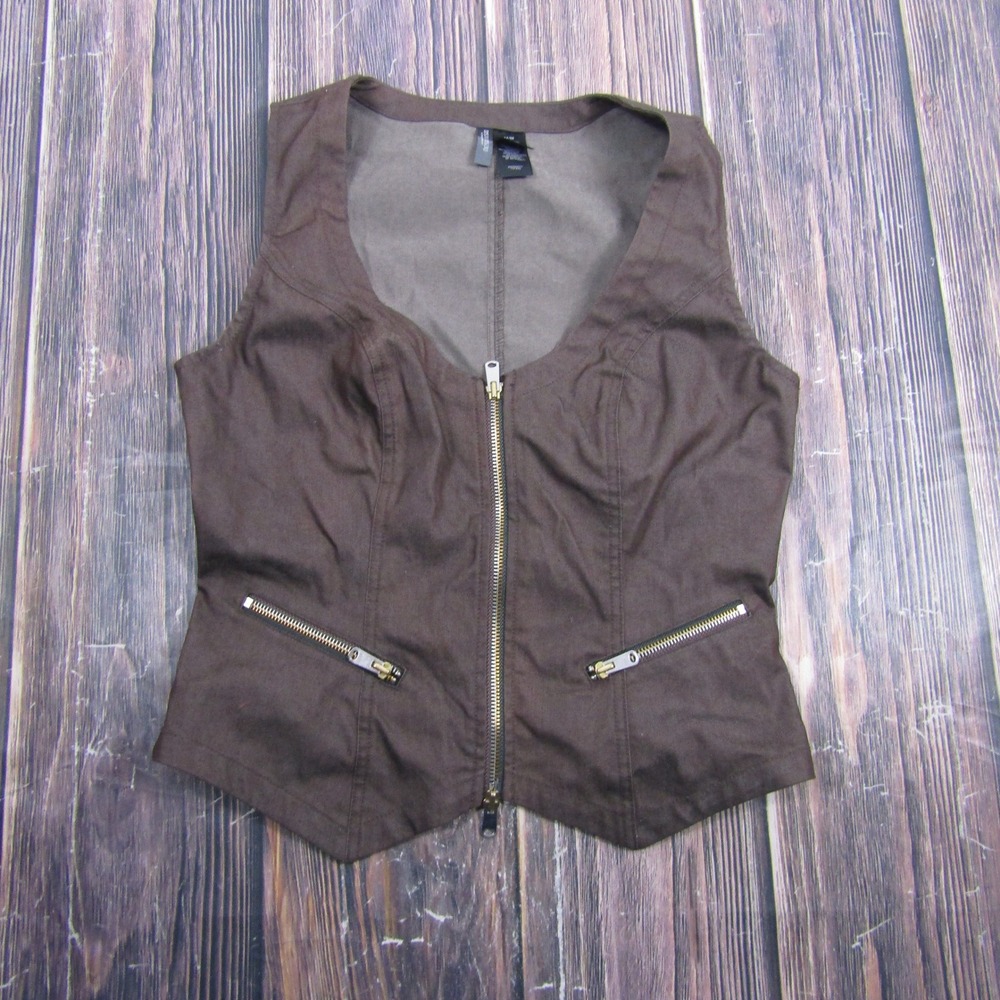 Bisou Bisou Vest Womens Medium Brown Full Zip Sleeveless Cotton Blend 00358